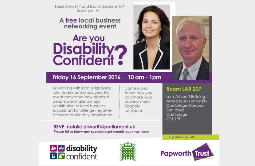 16 September 2016 - free Disability Confident event at Anglia Ruskin University, Cambridge with Heidi Allen MP and Daniel Zeichner MP.