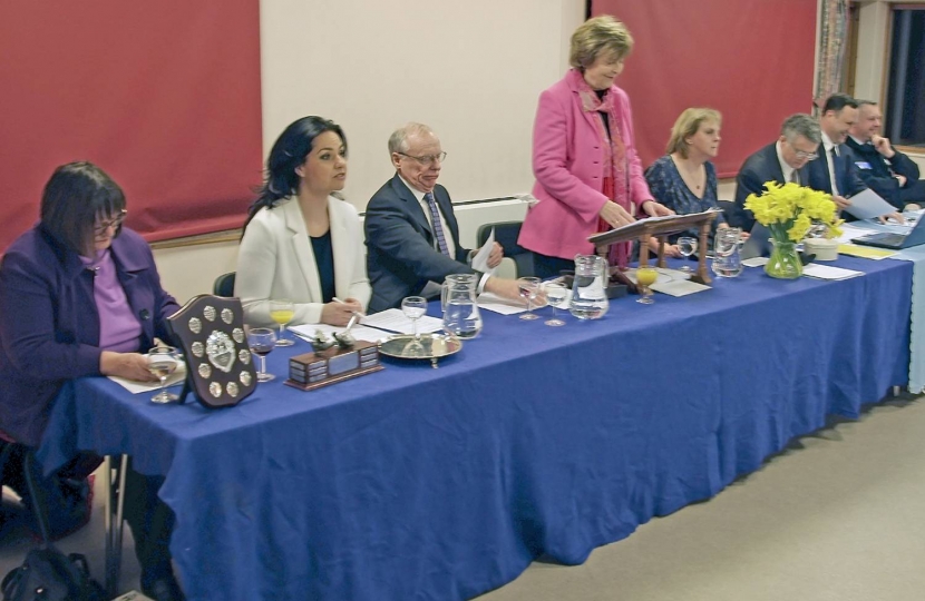 Dorothy Calder MBE, President, opening proceedings of the 2017 SCCA AGM.  With her, from left, are Lynn Faulkner (Bedford and Cambridgeshire Area), Heidi Allen MP, Bill Potter, Association Chairman, Denise Smith, secretary, Joshua Vanneck, Treasurer, Ben Shelton, Deputy Chairman, Political, and Jason Ablewhite, Police and Crime Commissioner, the guest speaker.  Bill Potter and Joshua Vanneck both retired at the meeting after four years' service.