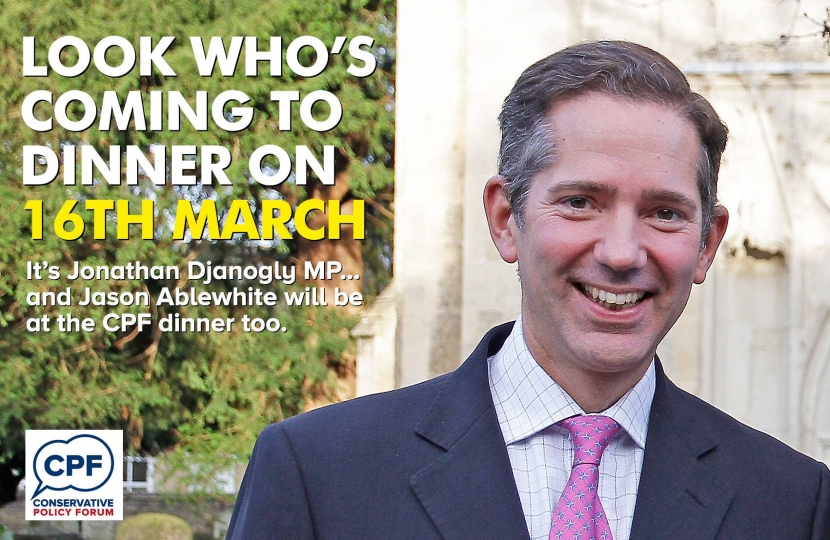 Jonathan Djanogly, MP for Huntingdon, is the guest of honour at the SCCA's CPF Annual Dinner at Bourn Golf and Leisure Club, Toft Road, Bourn, CB23 2TT, on Friday 16th March 2018.