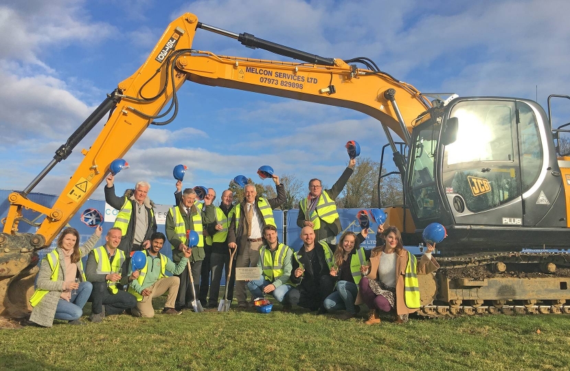 Getting ready for action – back in November 2017.  Representatives from South Cambridgeshire District Council, Cool Venues, Cambridge Leisure and Ice Centre, Marshall of Cambridge, operator GLL and members of the Cambridge University Men’s and Women’s Ice Hockey teams – some of the many people who have brought the Cambridge Ice Rink from a wish list to the point where construction is about to start.  Photo credit: South Cambridgeshire District Council.
