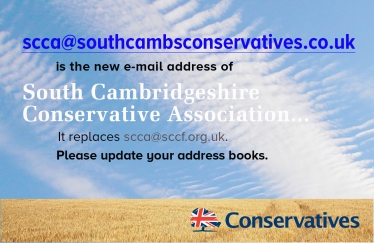 South Cambridgeshire Conservative Association has a new e-mail: scca@southcambsconservatives.co.uk.  It replaces scca@sccf.org.uk.  Please update your address books.