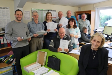 10 of the volunteers who spent a damp and grey Saturday entering data into our records at the Association’s HQ in Hardwick.  L to R back row: Ben Shelton, chairman of the Association, activist Robert Cook from Comberton, District Councillor Ruth Betson from Cambourne, activists Martin Wooler and Colin Barker and County and District Councillor Mark Howell.  Middle row: activist Paul Diamond, Evelyne Spanner, who organised the day, and District Councillor Sue Ellington from Swavesey.  Nearest the ca
