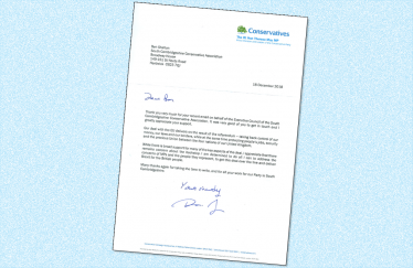 The letter from Theresa May, the Prime Minister, to Ben Shelton, Chairman of South Cambridgeshire Conservative Association, thanking the Association for its support of the current Brexit deal.